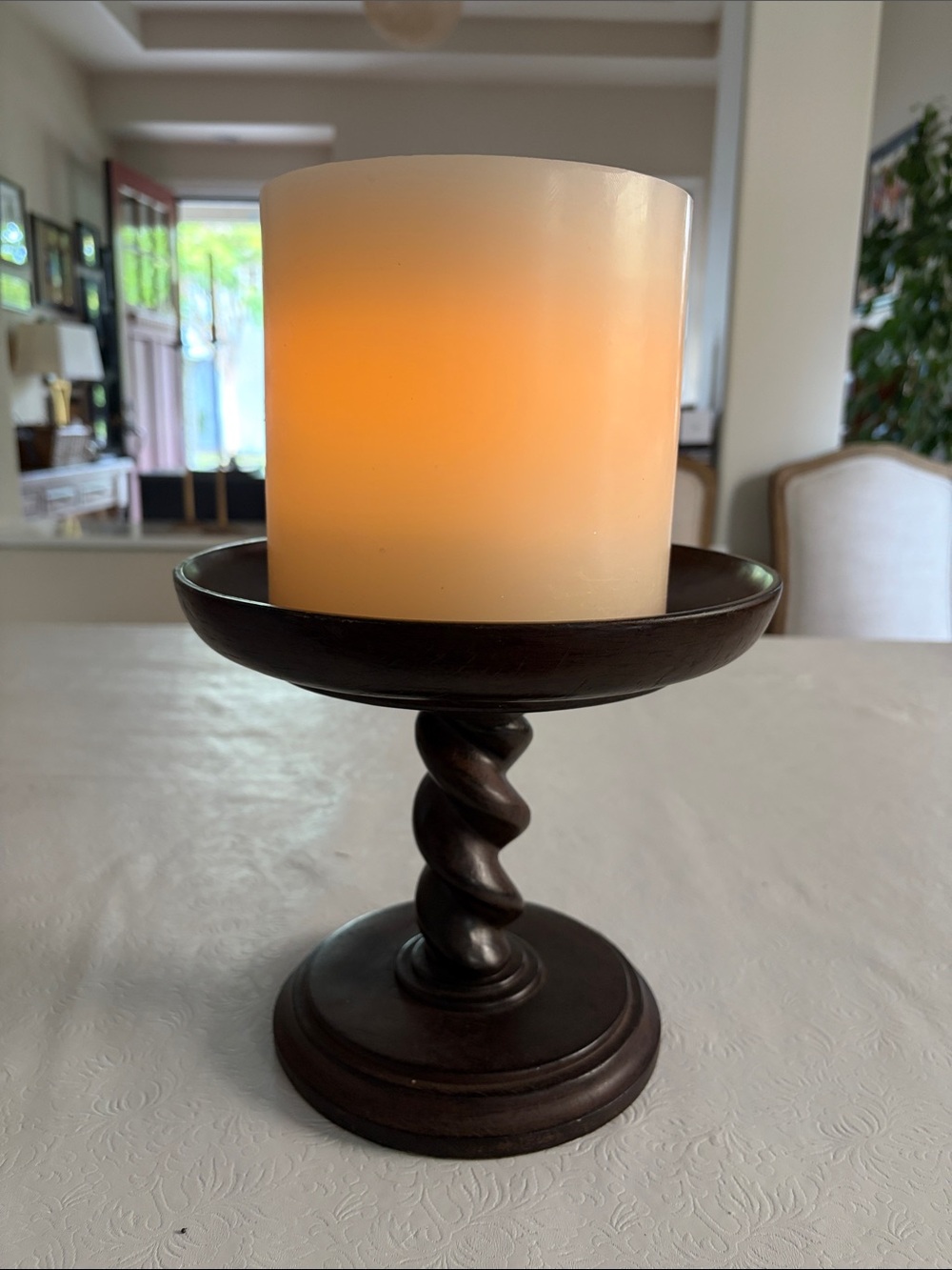 Pottery Barn Flameless Wax LED Pillar Candles and Twisted Wood Pedestal